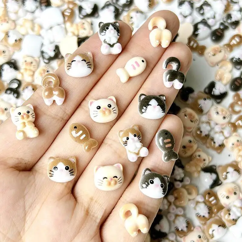 50Pcs Cartoon Luminous Cats Fishes Nail Charms 3D Cute Cat Head Butt Cream Glue Resin Nail Art Decorations for DIY Hairpin Nails