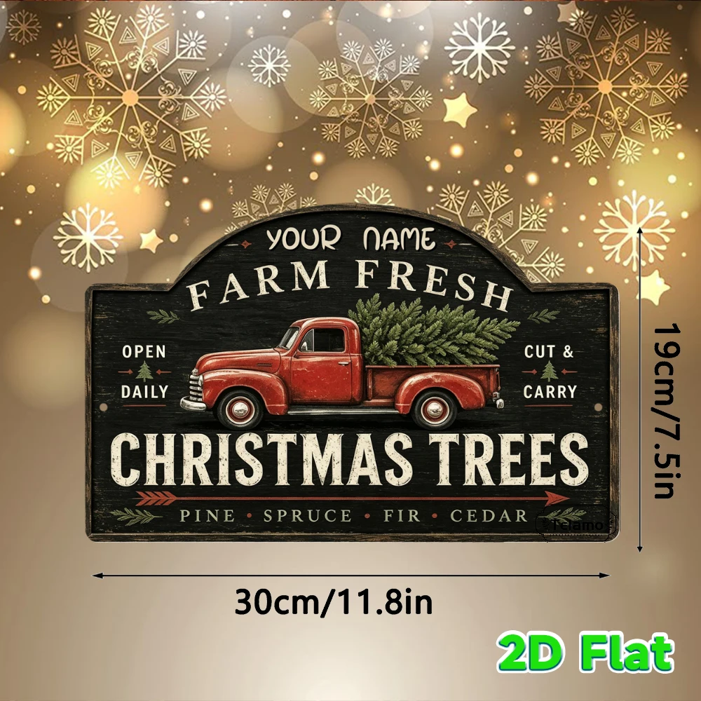 Custom Text Arched Metal Sign, Vintage Red Pickup Truck Loaded Christmas Tree Pattern, Christmas Wall Decor, Mantel Living Room