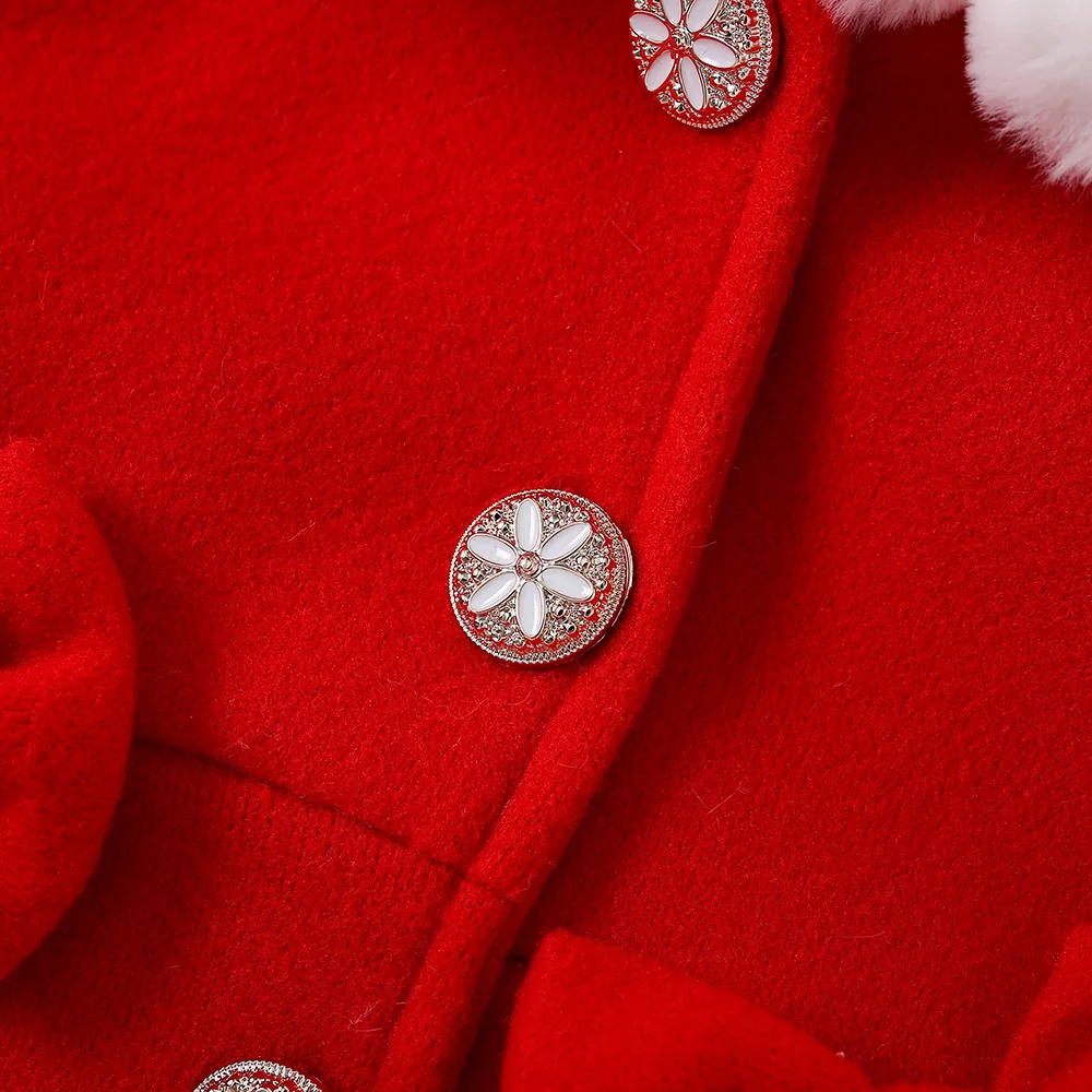 Autumn Winter Outfit For Baby Girl Plush Doll Collar Bow Red Woolen Coat Fashion Baby Coat