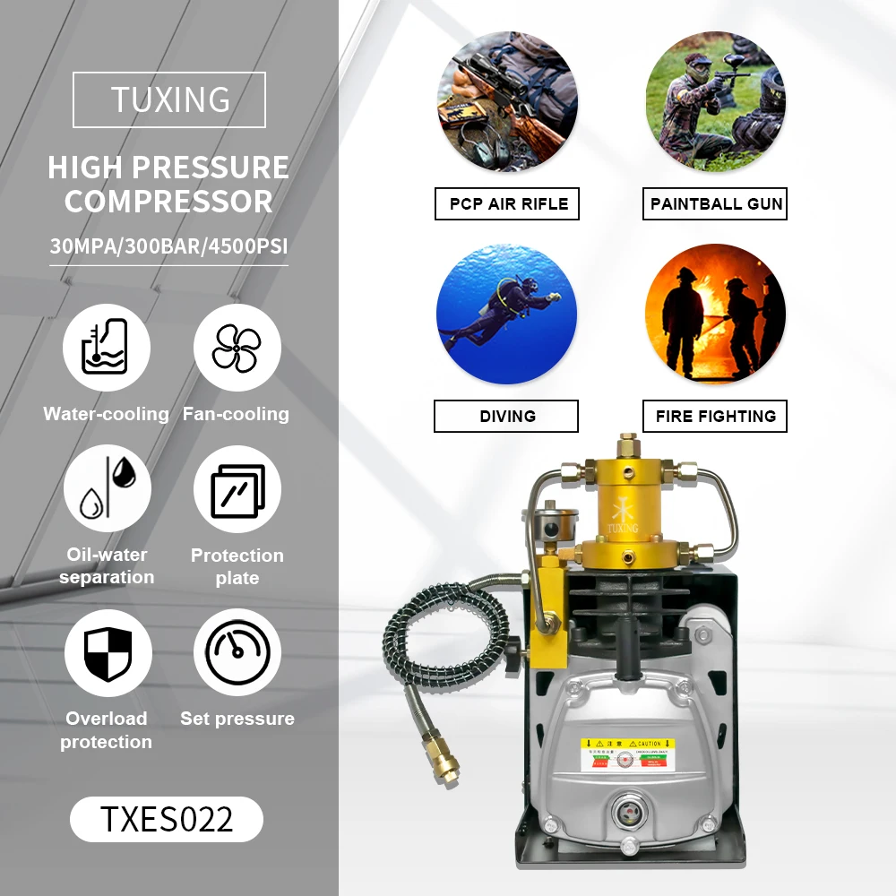 TUXING 300Bar 4500Psi PCP Air Compressor High Pressure Adjustable Pressure Auto Stop Compressor for Scuba Diving Airgun Rifle