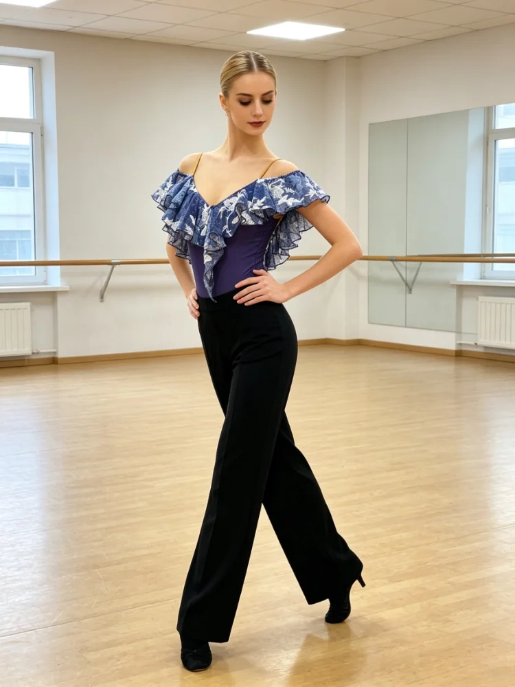 MZDance Women's Ballroom Dance Ruffle Collar Leotard for Waltz&Tango Practice&Performance