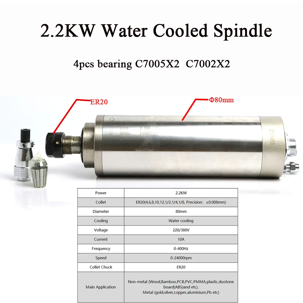 Motor de husillo CNC refrigerado por agua de 1.5kw/2,2kw + 2,2kw VFD + abrazadera de 80mm + bomba de agua + pinza ER20 de 13 piezas para enrutador