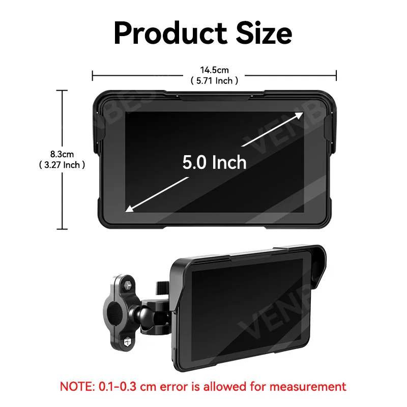 VENBES  Motorcycle Carplay 5 Inch GPS Navigation Wireless Android Auto Carplay Type-C Bluetooth Waterproof Easy to Remove BT