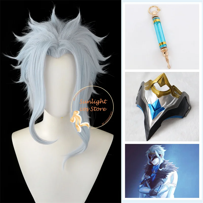 Peluca de Cosplay de Doctor II, Dottore Fatui, azul claro, resistente al calor, para Halloween, en Stock + gorro