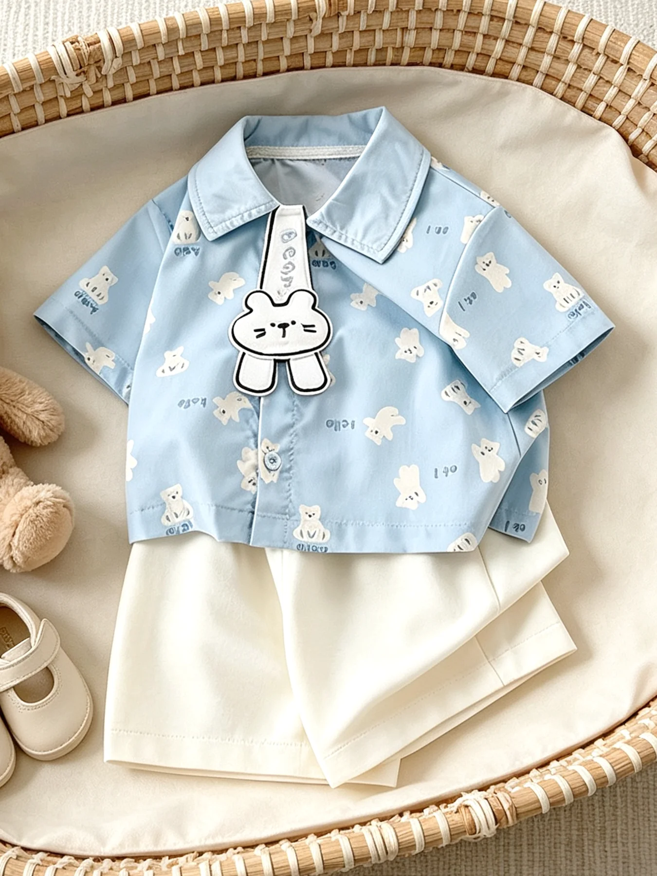 Boys' Cool-Feel Two-Piece Set with All-Over Bear Print, Light Blue Summer Baby and Toddler Shirt and Shorts Outing Set