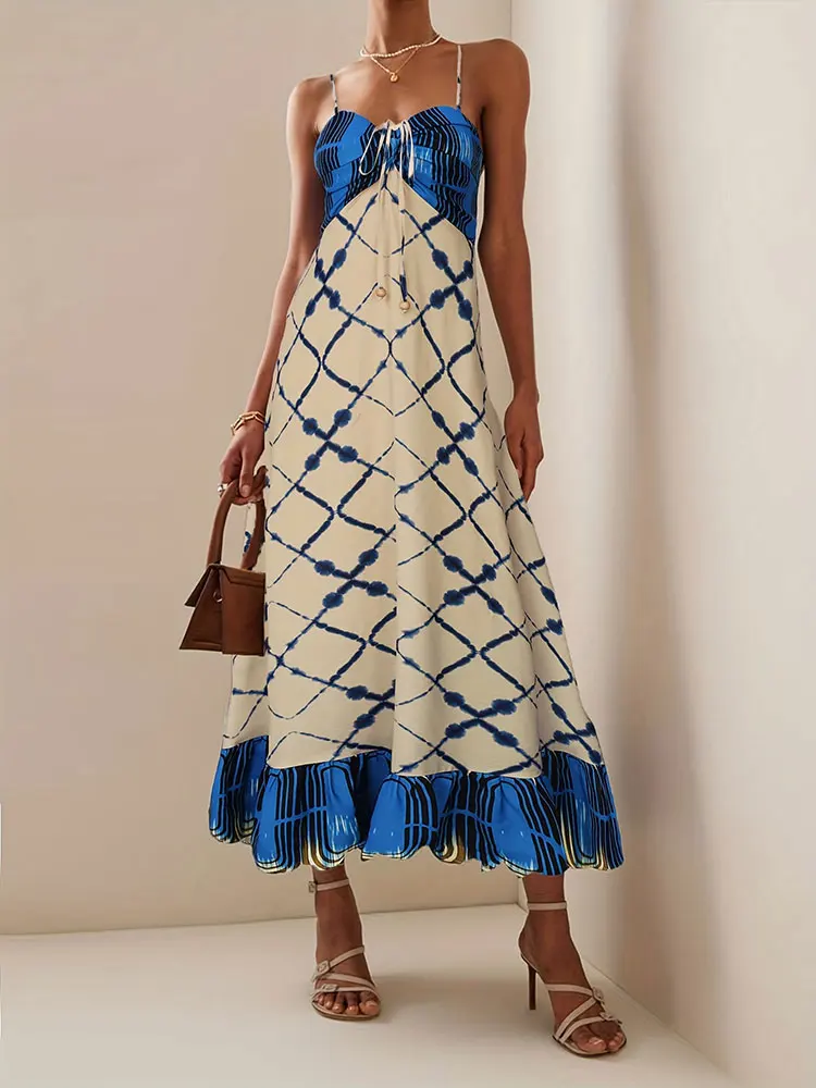 NewPrinted Casual Lacing Pleat Strapless Dress Boho Party Beach Dresses Summer Fashion Items Elegant Long Dress Feminine clothes
