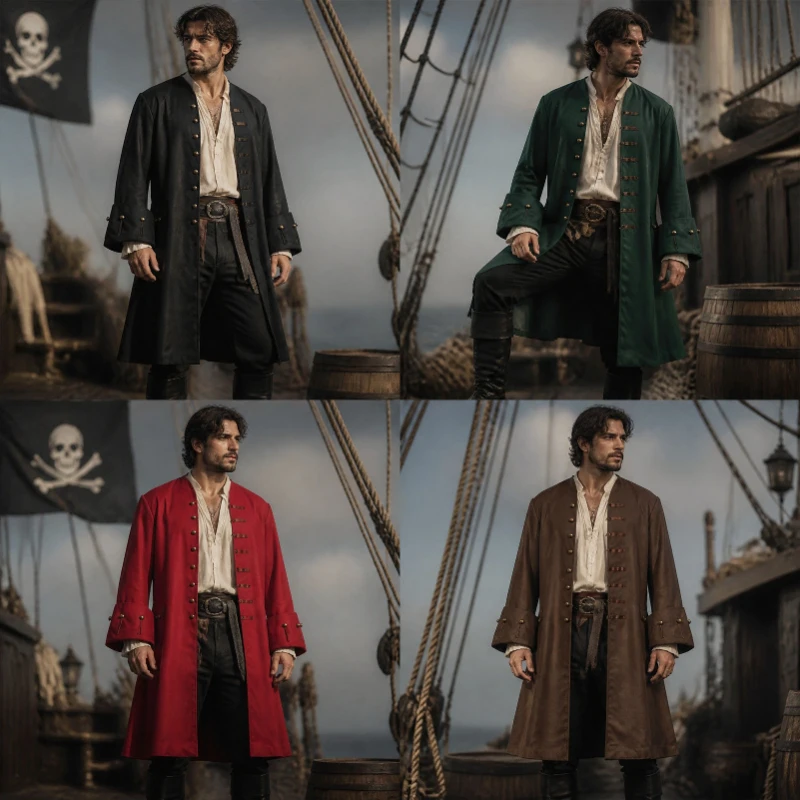 2026 New Vintage Medieval Long Jacket for Men, Retro Brown Caribbean Pirate Outer Coat ,Loose Outerwear for Party Performance