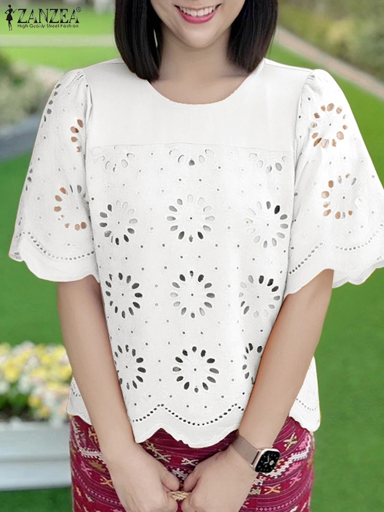 

ZANZEA Hollow Out Blouse Women Solid Short Sleeve Tops 2025 Summer Fashion Elegant Tunic Oversized Casual Loose Pullovers