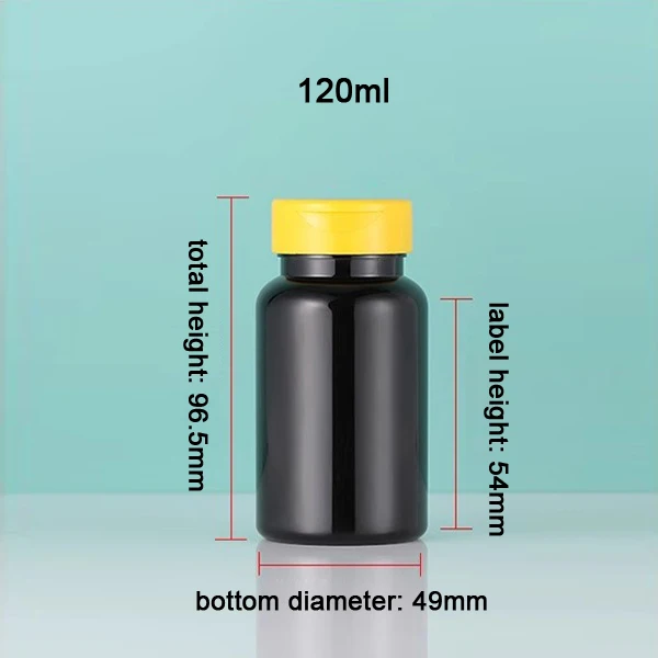 100pcs 120ml Black Color PET Medicine Bottles, Powder Capsules Pills Fish Oil Packing  Plastic Bottles With Yellow Flip Lids