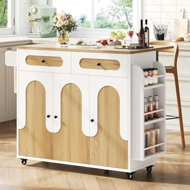 41.3 inch mobile kitchen island with drop leaf countertop 2 drawers 3 cabinets 3 open shelves engineered wood construction smoot