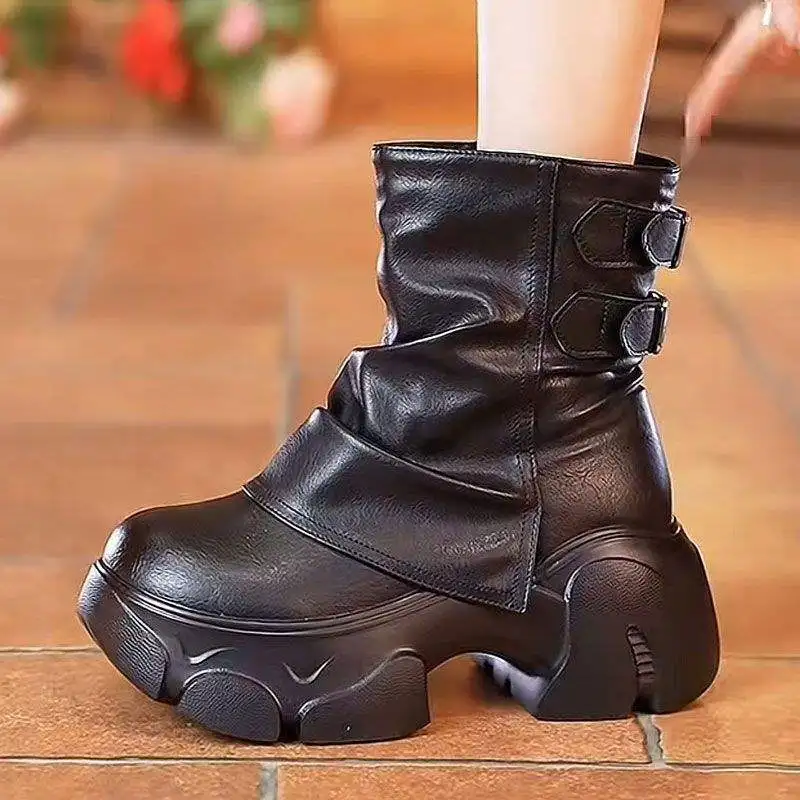Height Increasing Pile Middle Tube Boots for Women, 2025 Autumn Winter New Fashion Versatile Short Boots, Thick Soled Snow Boots
