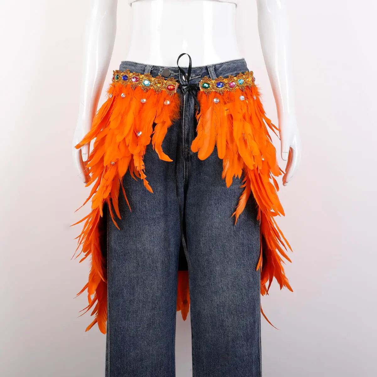 Women Faux Gem Rhinestone Feather Hip Skirt Samba Carnival Waist Skirt for Halloween Party Stage Show Festival Costume