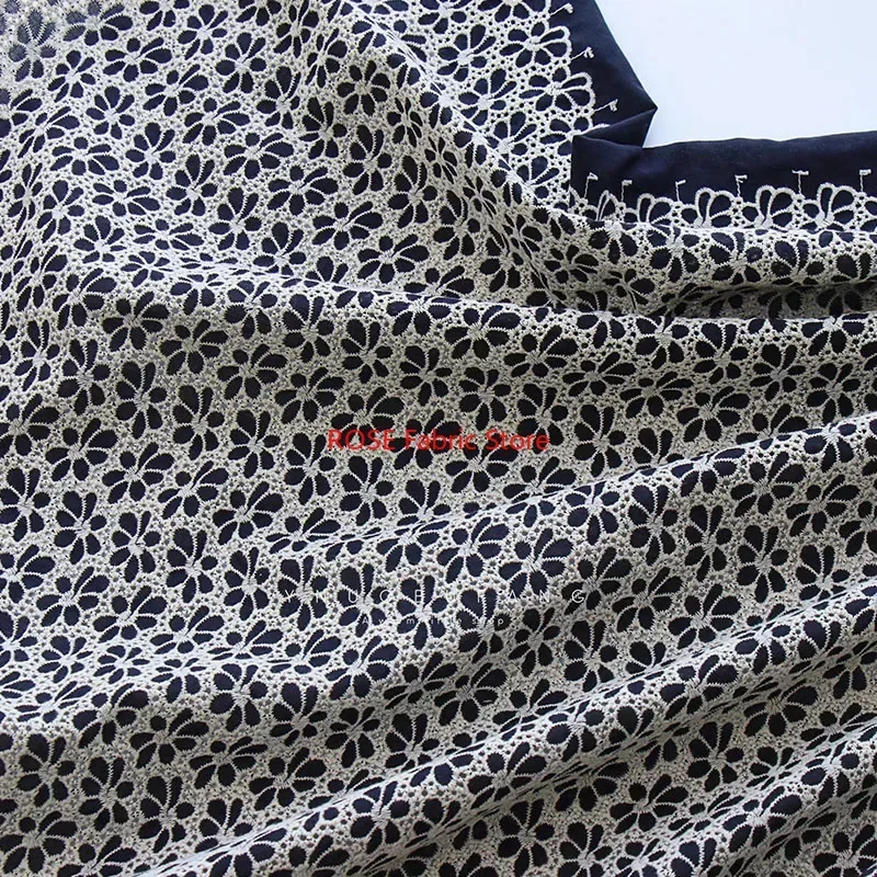Navy Blue Flower Embroidered Pure Cotton Fabric for skirts, Gown, dress, blouse, tops, table cover