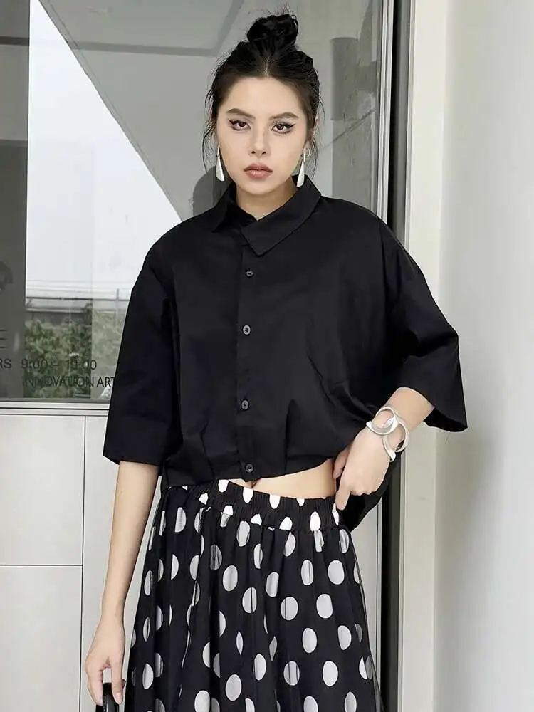 

Women Black Brief Big Size Short Casual Blouse New Lapel Half Sleeve Shirt Fashion Tide Spring Summer