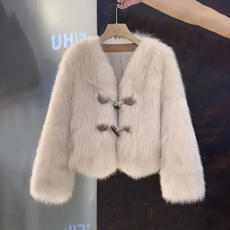 Autumn Winter 2026 New V-Neck Horn Buckle Imitation Fox fur Coat Women Fashion Short Warm Fur Jacket Female Loose Outwear W1148