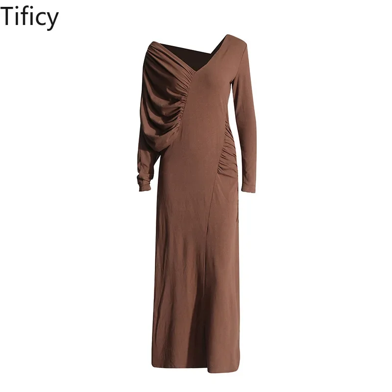 

Fashionable Comfortable and Elegant Style Women's Summer New V-neck Long Sleeved Pleated Asymmetrical Design Slim Fit Dress