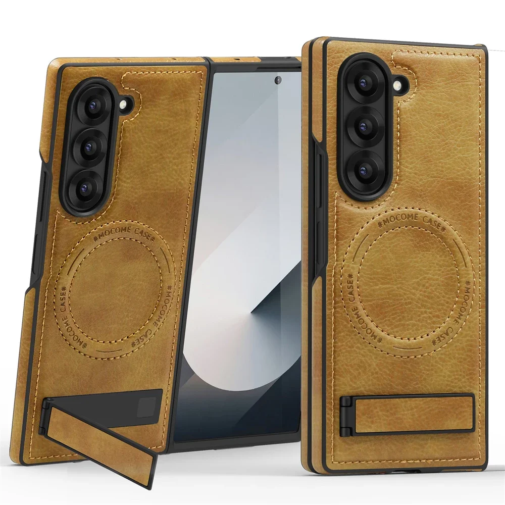 

For Samsung Galaxy Z Fold 6 5 4 3 Magsafe Case Luxury Leather Stand Holder Magnetic Wireless Charge Bracket Shockproof Hard Case
