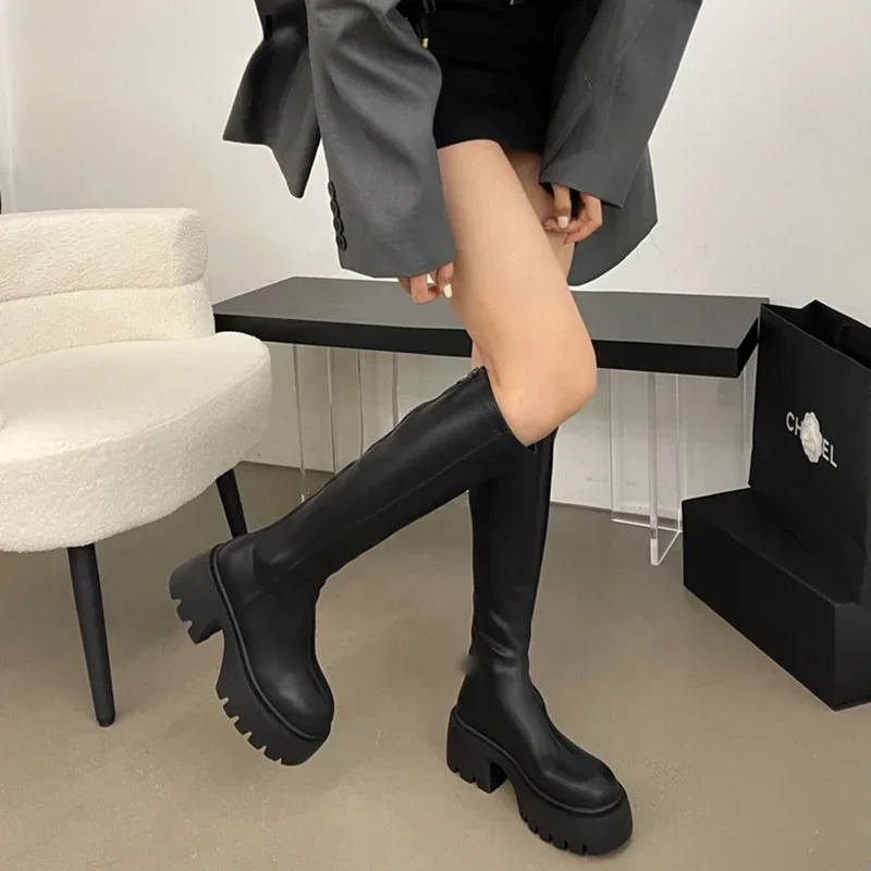 Winter High Boots For Women Fashion Back Zippers Long Boots Female Elegant Platform Thick Bottom Women\'s Knight Botties