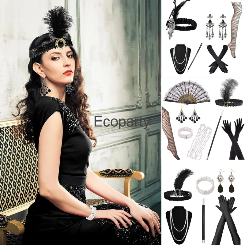 

1920's Cosplay Flapper Costume Accessories Halloween Charleston Dress Feather Headpiece Earring Necklace Suit Great Gatsby Props