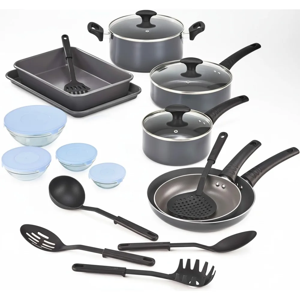 

21-Piece Nonstick Cookware Set with Glass Lids, PFOA-Free, All Stovetop Compatible Gray Kitchen Essentials
