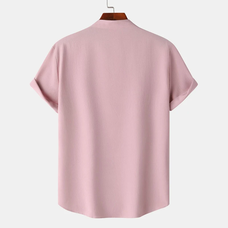 Pink Cotton Linen Henley Shirts 2024 Summer Short Sleeve Half Placket Collar Beach Shirt Men Casual Holiday Vacation Clothing