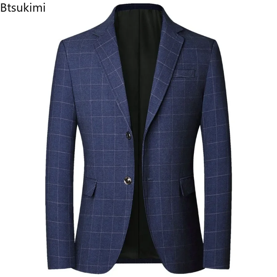 New2024 Men's Formal Business Blazers Jacket Spring Autumn Slim High-quality Checked Suits Coats Single-breasted Blazers for Men