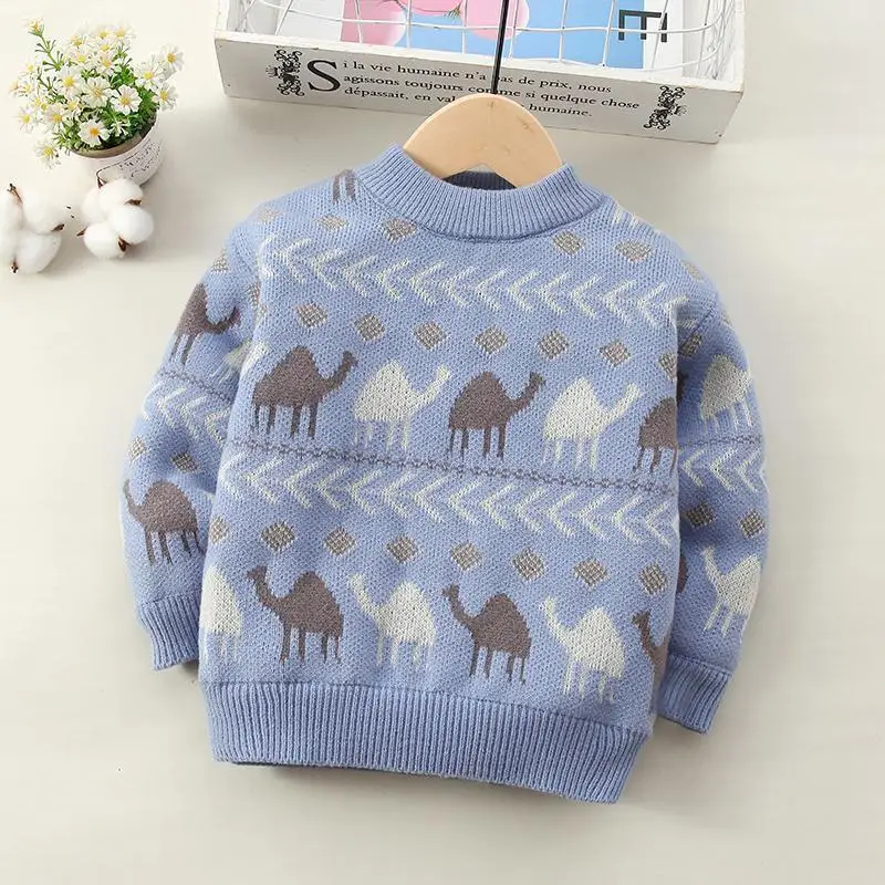 2024 Boys\' Padded Thickened Sweater Children\'s One Piece Fleece Pullover Autumn Winter Models Warm Knitted Kids Cotton Clothes