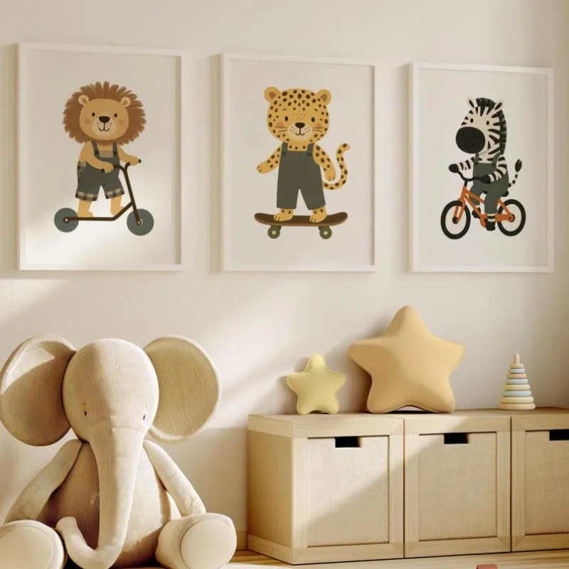 （Noframe 3PCS)-3pcs(Canvas Poster Unframes)Safari Animal Nursery Prints: Leopard, Lion, Zebra on Wheels (Digital Download)