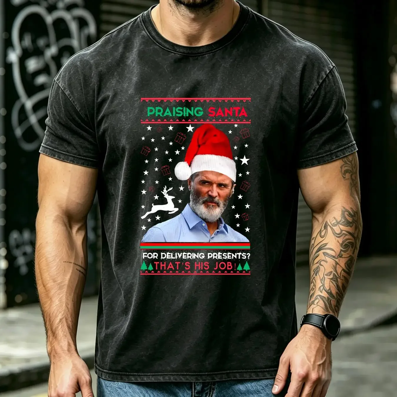 washed T Shirt Sarcastic Christmas Jokes Roy Keane Xmas Santa Claus Spoof Festival  vintage Washed Top For Everyday Wear Unisex