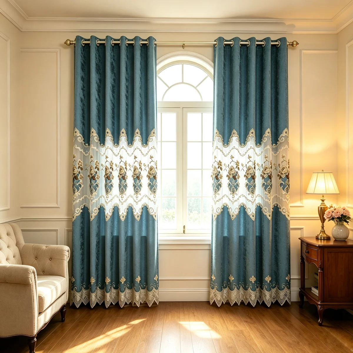 European Chenille Punch Embroidered Curtains, Hollow Retro Style for Villa Living Room & Bedroom Home Decoration