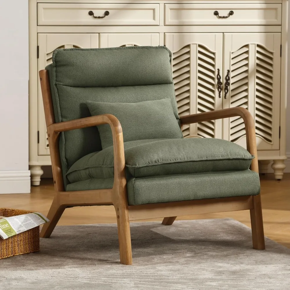 

Mid Century Modern Accent Chair with Wood Frame, Upholstered Reading Armchair with Waist Cushion, Double Padded Accent Chair, S