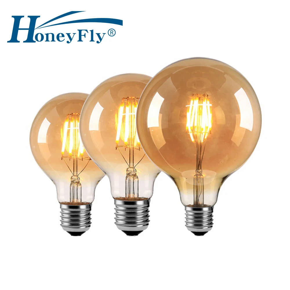 HoneyFly LED Edison Lamp Bulb 195-240V E27 4W 6W 8W G80 G95 G125 Amber Warm White Retro Replacement for Incandescent Lamp