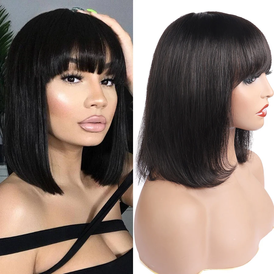 

Straight Bob Human Hair Wigs With Bang Full Machine Made Wigs Short Brazilian Remy Human Hair Bob Wigs For Woman 14 inches