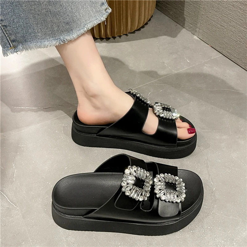 2023 Rhinestone Crystal Buckle Slippers Women Brand Design Crystal Double Flip Flops Female Platform Slides Sandals