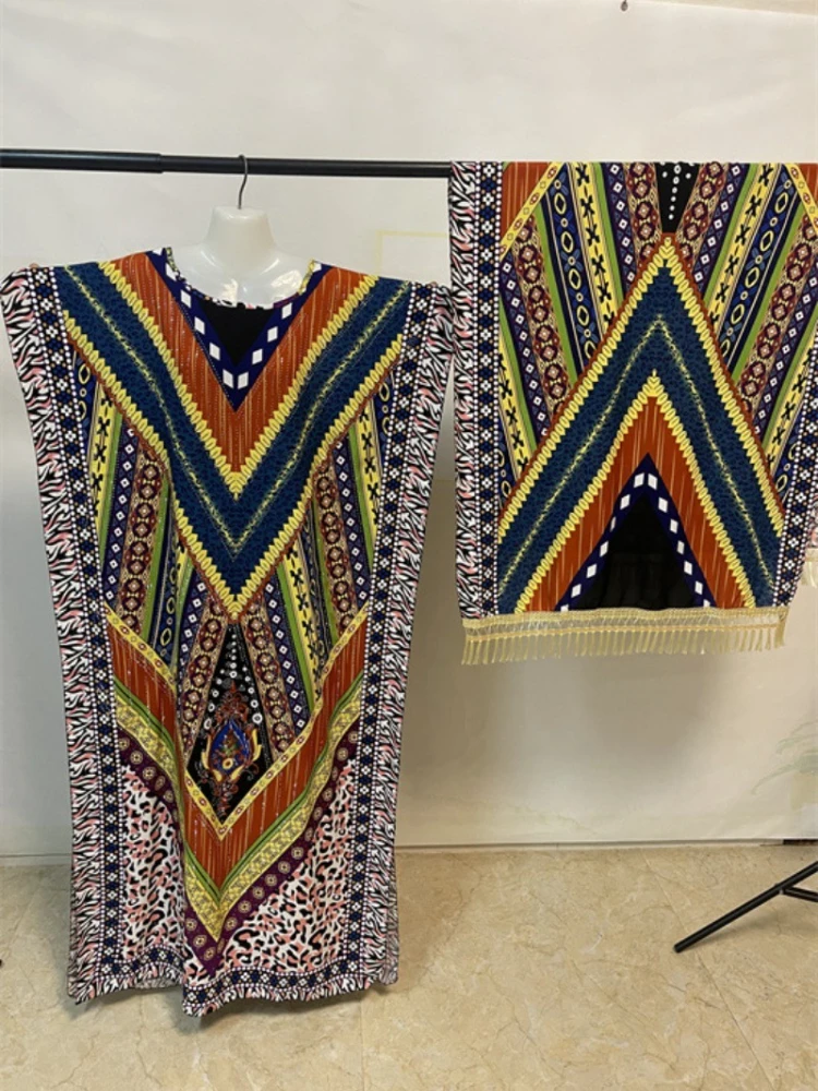 2025 African Summer Short Sleeve Dashiki Dress with Big Scarf Loose Boubou Maxi Islam Women Casual Dress Diamonds Abaya Clothes