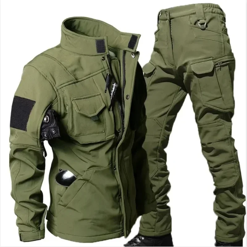 Military Fleece Warm Sets Winter Waterproof Bomber Jackets+Army Multi-pocket Cargo Pants 2 Pcs Suits Wear-resistant Tactical Set