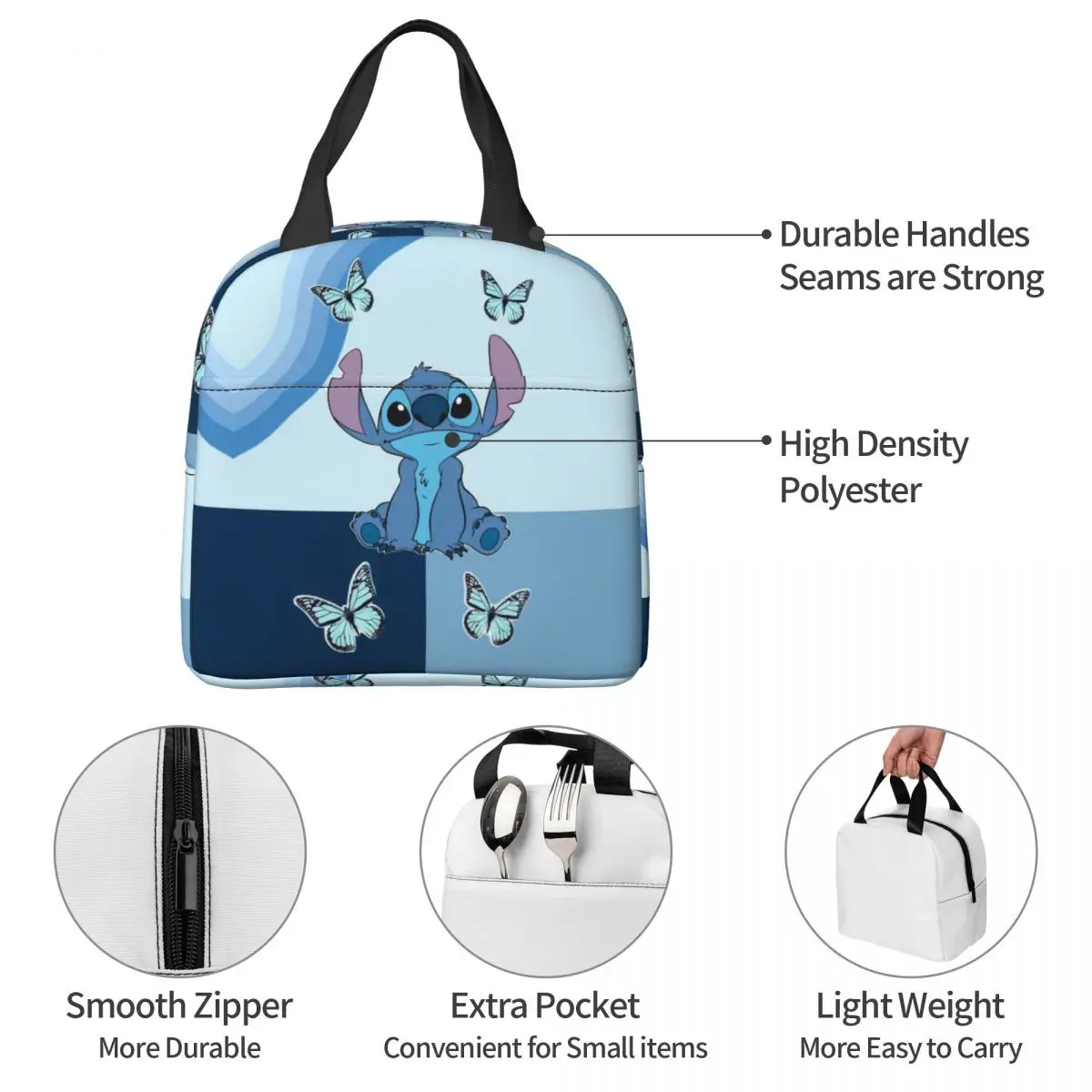 Lilo Stitch Cartoon Butterfly Insulated Lunch Bag Portable Lunch Container Thermal Bag Lunch Box Tote Office Travel Food Handbag