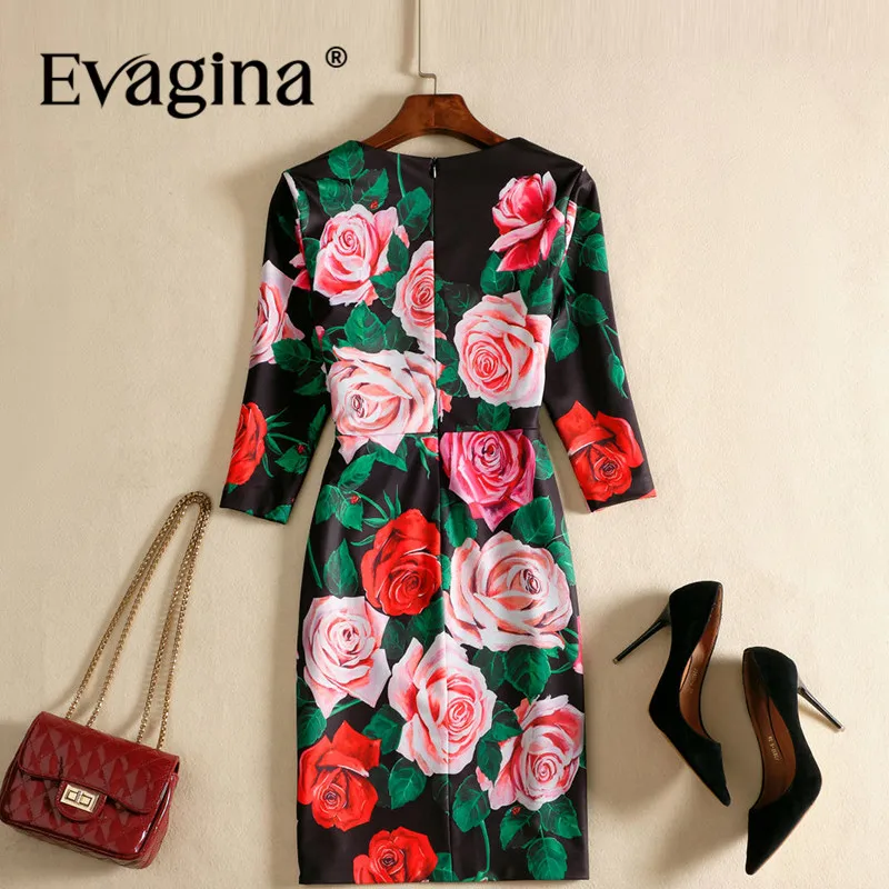 Evagina New Fashion Runway Designer Dress Women's V-Neck Three Quarter Sleeved Rose Printing Pretty Slim-Fit Hip Wrap Dresses