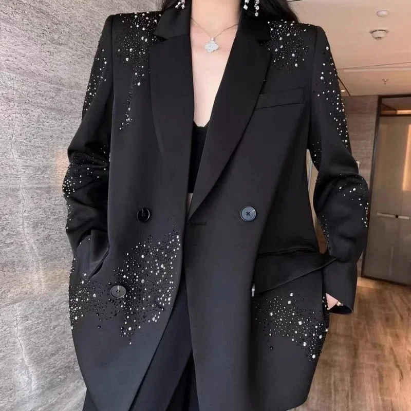 LIBIELIY 2025 New Autumn High-grade Rhinestone Black Small Suit Jacket Female Double-breasted Loose Casual Fashion Blazer Women