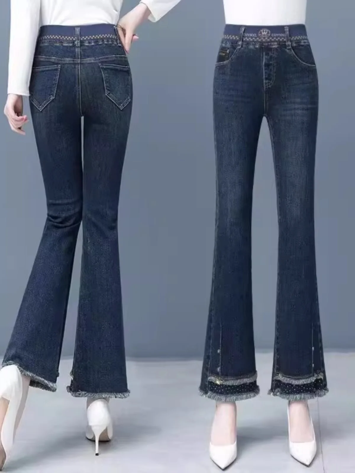 

Джинсы-клеш с высокой талией женские зимние больших размеров из овечьего вельвета, брюки-клеш на резинке, джинсовые брюки-буткат