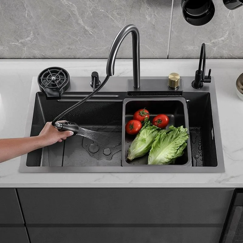 Multifunctional Stainless Steel Kitchen Sink Nano Flying Rain Waterfall Black Handmade Large Single Tank Vegetable Washing Basin