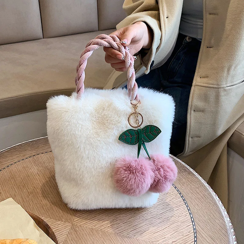 Fashion Women's cherry girl Handbags Cute Kawaii Faux Fur Crossbody Bags Wallet Purse Plush Chain Shoulder Bag Lady Handbag