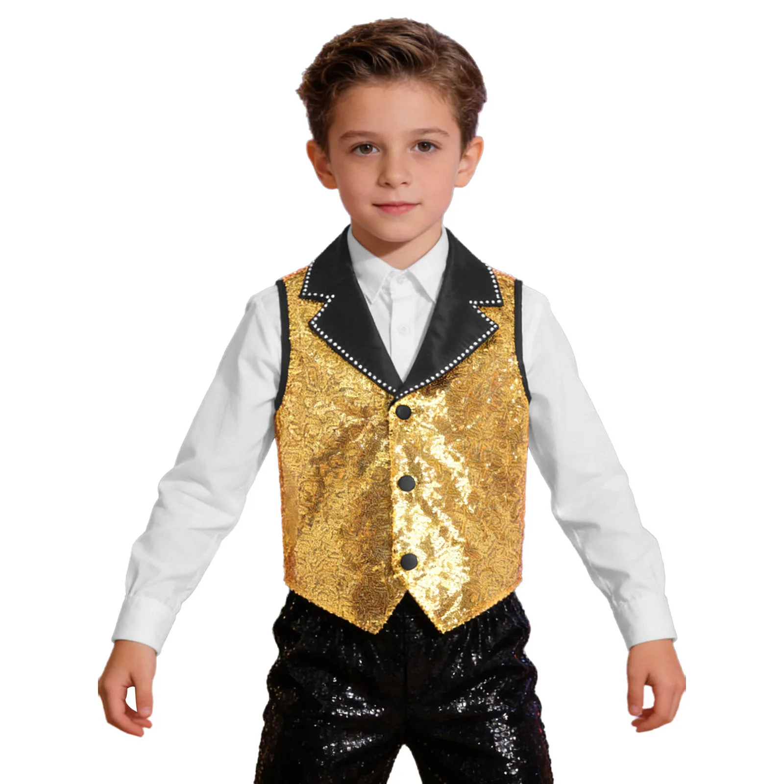 Kids Boys Girls Sparkling Sequin Jazz Vest Contrasting Lapel Collar Sleeveless Asymmetrical Hem Waistcoat Stage Performance Tops