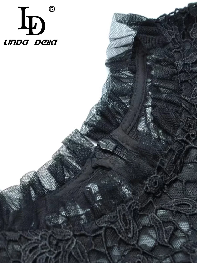 فستان LD LINDA DELLA للربيع والصيف للنساء مفرغ من الدانتيل بأكمام طويلة وحافة فطريات شجرة صالحة للأكل فساتين سهرة كبيرة متأرجحة للحفلات