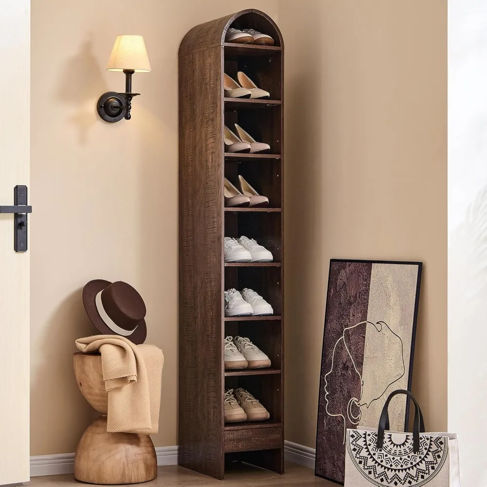 

67" Tall Arched Shoe Storage Cabinet, 8 Tiers 8 Pairs Wooden Shoe Rack with 3 Adjustable Shelves, Freestanding Shoe Closet Shelf