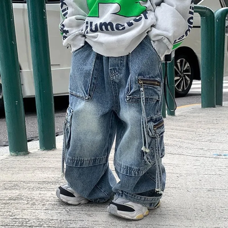【2025 Spring/Autumn New】Boys' Multi-Pocket Cargo Jeans for Street Dance - Loose Fit Stylish Kids/Teens Trendy Trousers