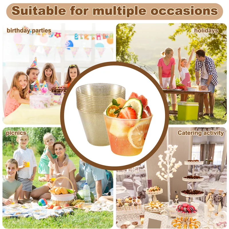 

P4-Golden Plastic Cup Disposable Water Cup Golden Powder 90OZ Juice Cup Dessert Cup Mousse Cup Wedding Tableware Decoration