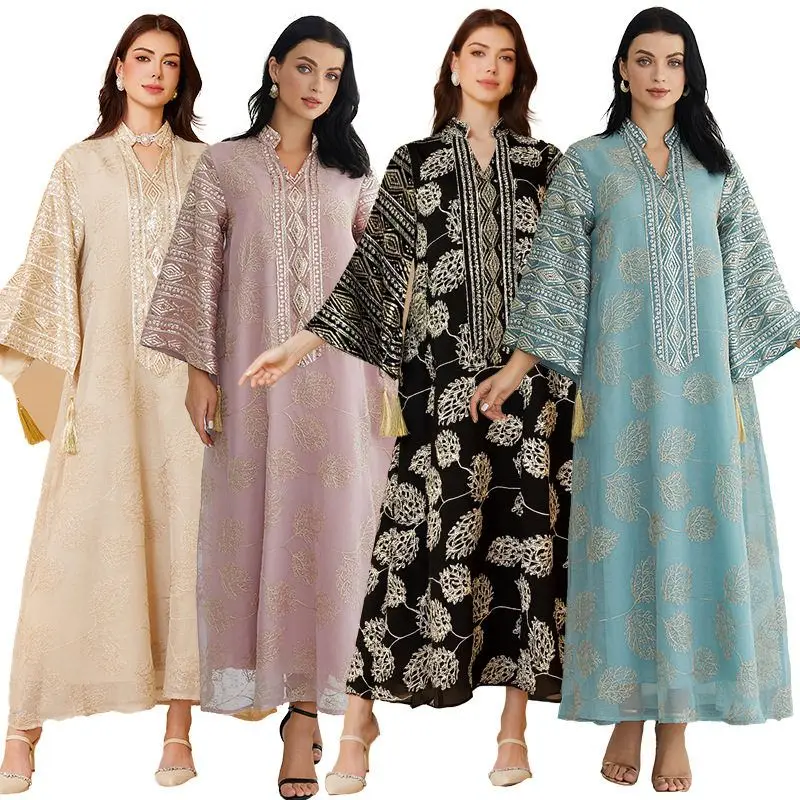 

Мусульманский длинный халат большого размера с вышивкой и пайетками, новый женский халат в Дубае, арабский трансграничный моон, весна 2021, женская одежда