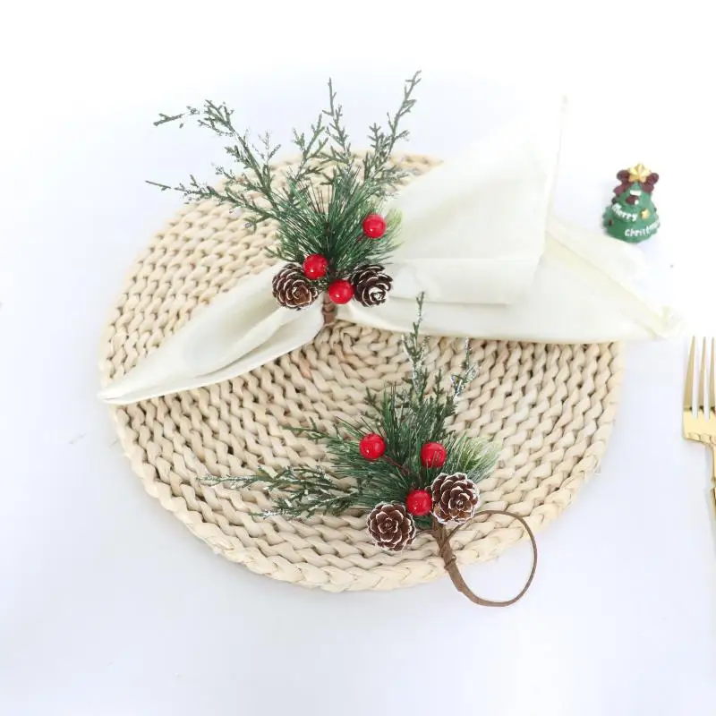 Christmas Cedar Jute Lace Napkin Rings Set Handmade Craft Tableware For Holiday Party Dinner New Year Decorations