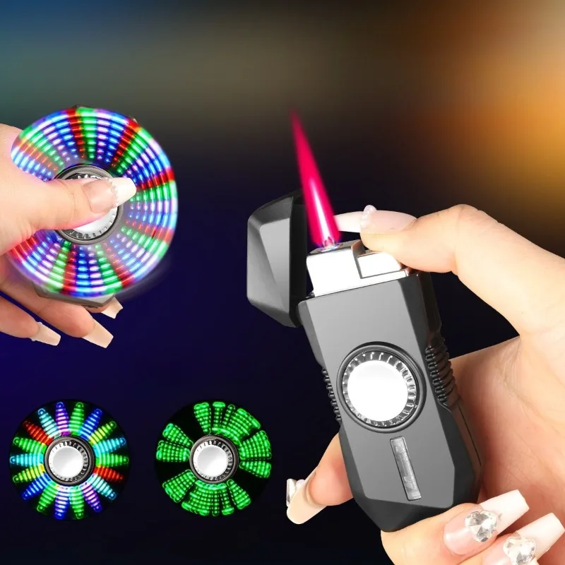 2026 Cool Color Light Gyro Decompression Play Zinc Alloy Windproof Red Flame Butane Gas Inflatable Lighter Cigarette Accessories